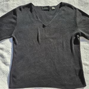 Dana Buchman Women's Shirt Black 100% Silk Short Sleeve Ribbed LARGE V-Neck